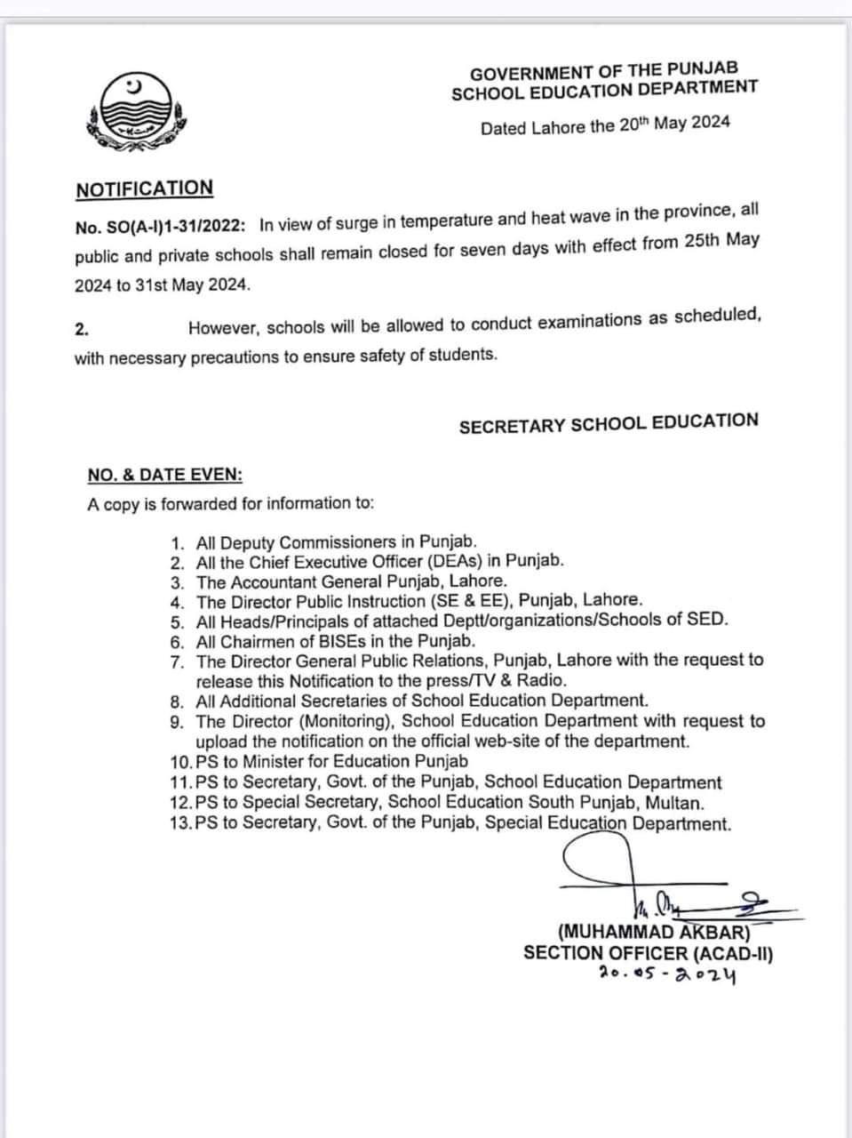 Revised Schedule 7 Days Summer Holidays 2024 in Punjab