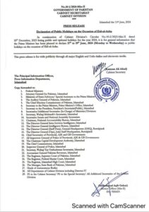 Notification for Eid ul Adha Holidays 